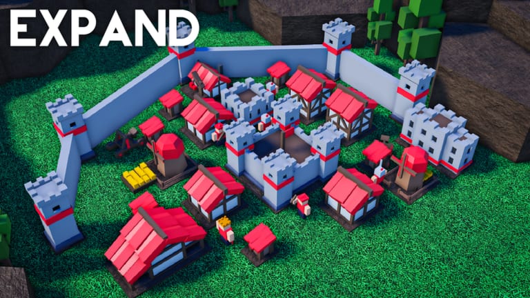 MEDIEVAL REAL TIME STRATEGY castle expansion with walls, red-roof houses, windmills, and corner towers